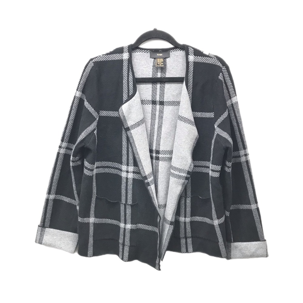 Rain Windowpane Open Front Cardigan Sweater Jacket In Black Gray Size XL